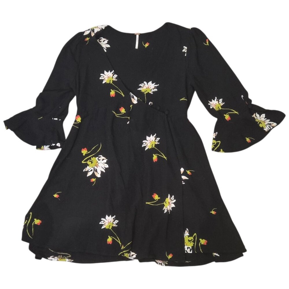 Free People Black Floral Wrap Mini Dress Boho 3/4 Sleeve Butterfly Sz XS - Picture 4 of 5